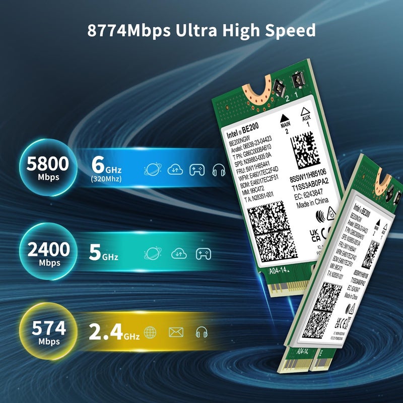 GigaPlus WiFi 7 Wireless Card Intel BE200 NGW, Bluetooth 5.4, 5800Mbps M.2/NGFF Not Support AMD, Only Supports Intel 12th Generation and Above CPUs Windows 10/11 (64bit), Linux - Image 3